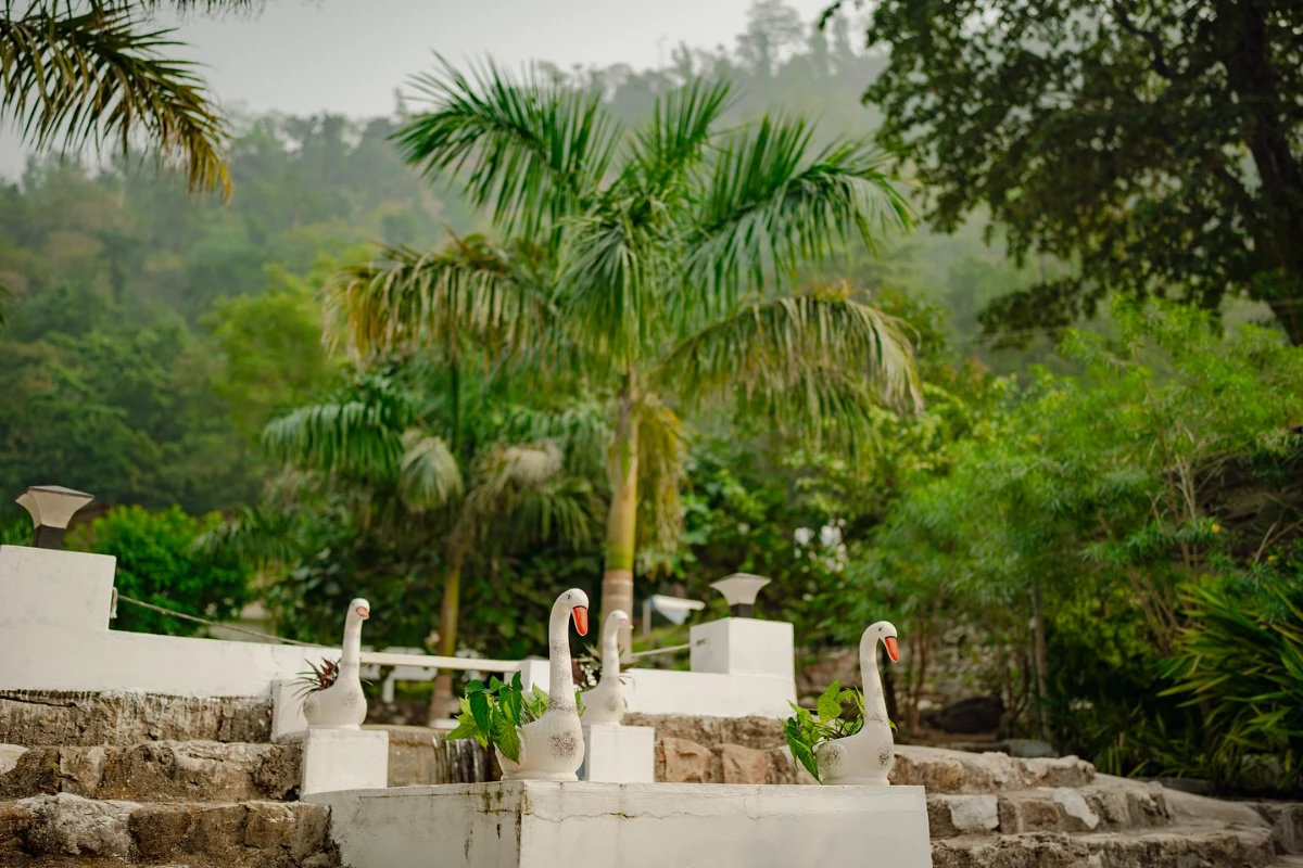 The quiet garden terraces where participants walk in silent reflection