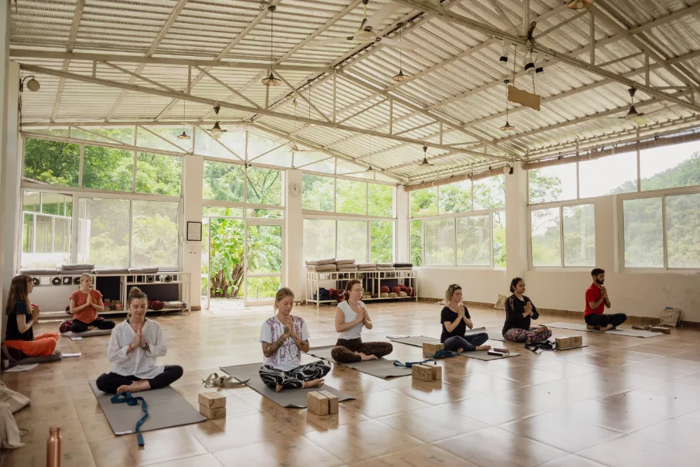 Inside the forest-view yoga shala at Adhiroha, Rishikesh — photo 3