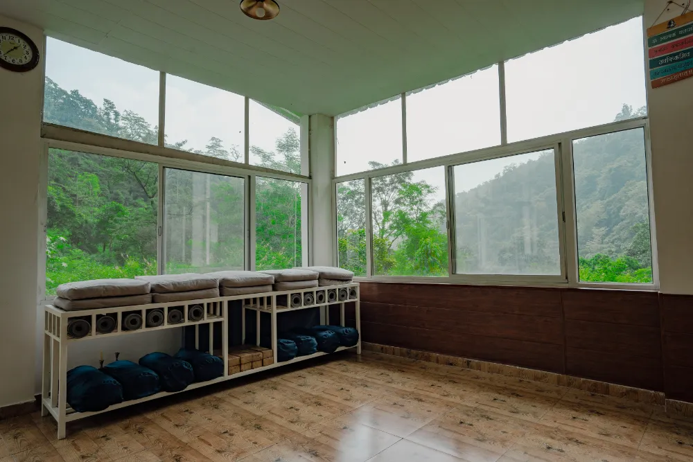 Inside the forest-view yoga shala at Adhiroha, Rishikesh — photo 108
