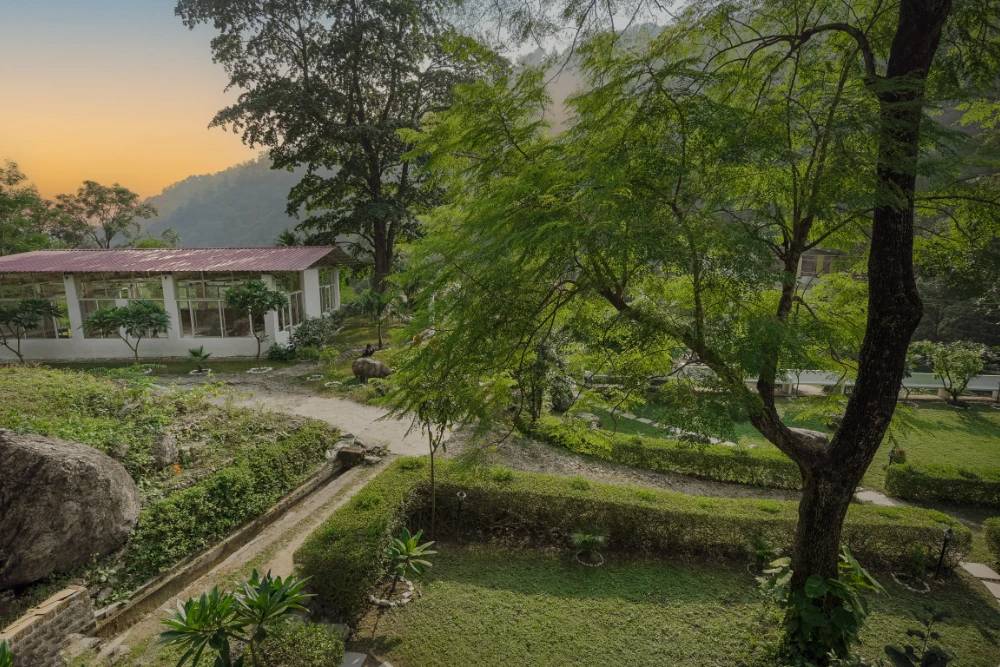 The green gardens of the Adhiroha ashram rising into the hills of Upper Tapovan