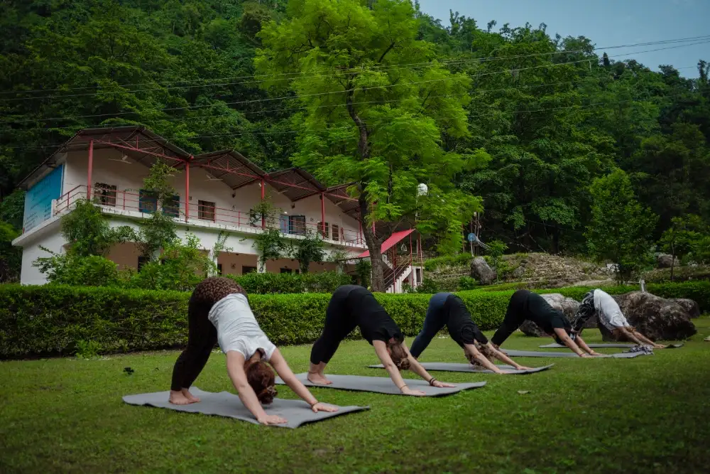 Students practising together at the Adhiroha yoga school in Upper Tapovan, Rishikesh