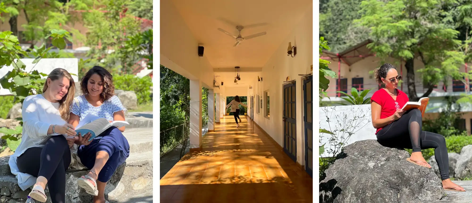 Moments from daily life at the Adhiroha yoga ashram — journaling in the garden, sunlit corridors and quiet study