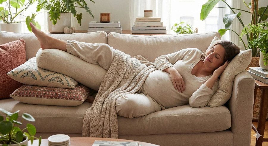 pregnancy fatigue relief with legs elevated side lying pose