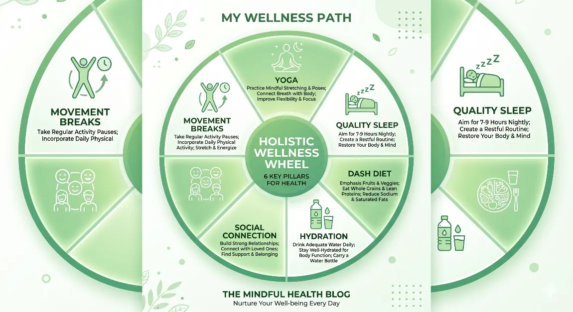 Circular chart of heart-healthy daily habits including yoga, sleep, DASH diet, hydration, and movement breaks