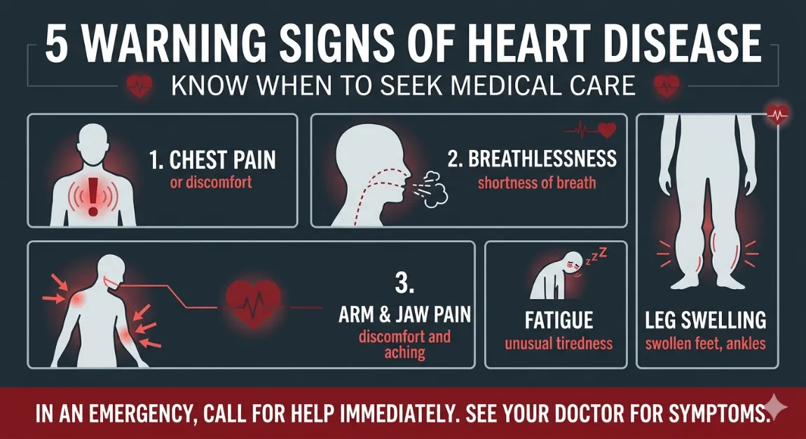 Infographic showing 5 warning signs of heart disease including chest pain, breathlessness, fatigue, palpitations, and leg swelling