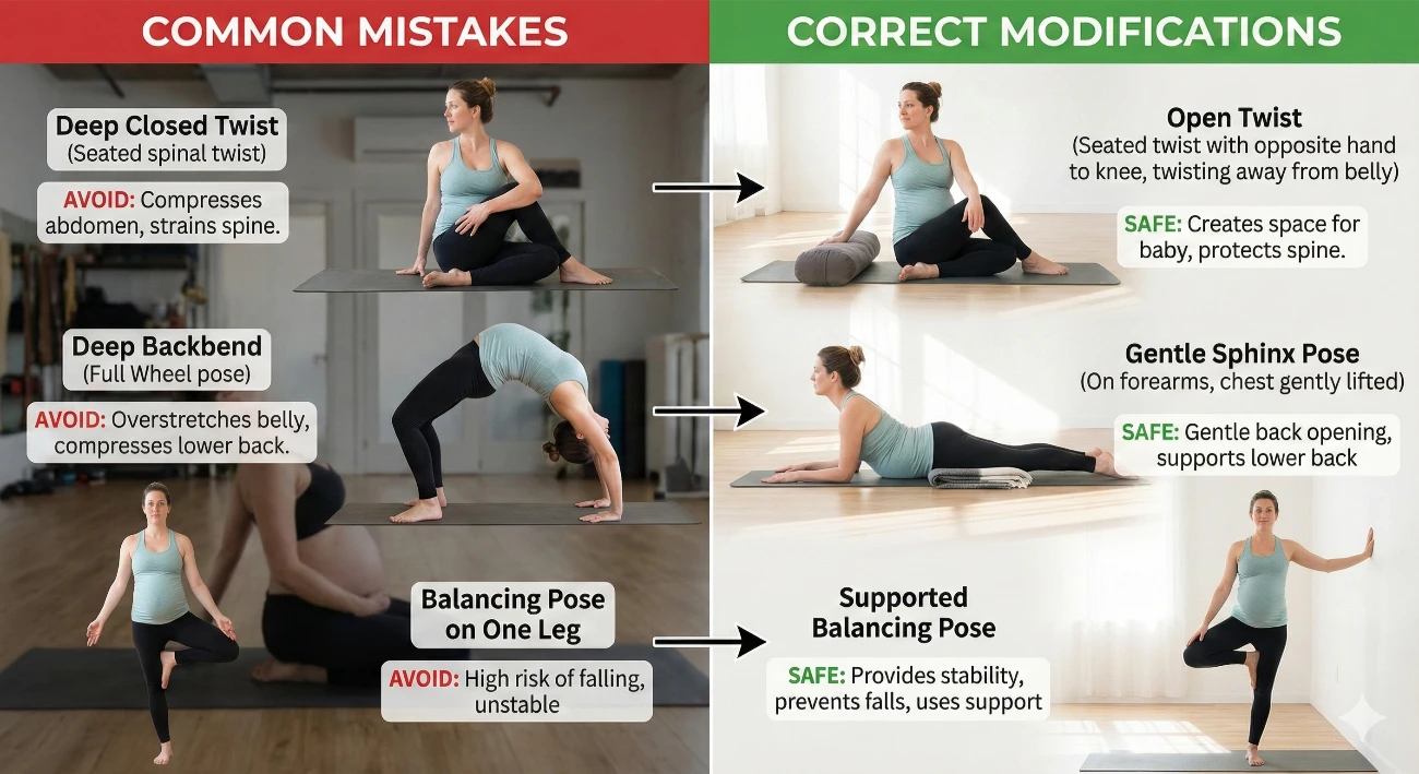 pregnancy yoga mistakes comparison safe versus risky poses